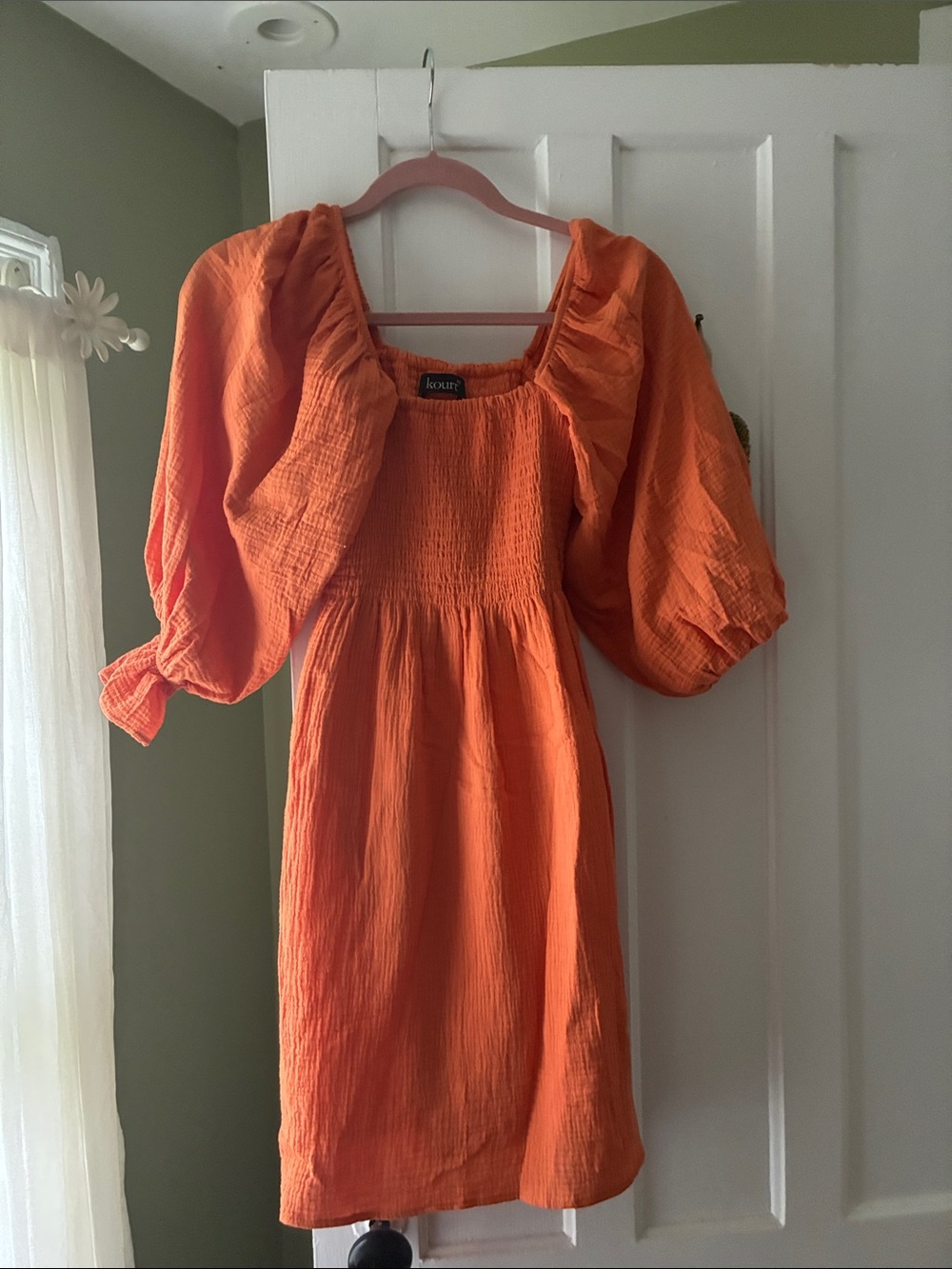 Smocked Orange Puff-Sleeve Midi Dress